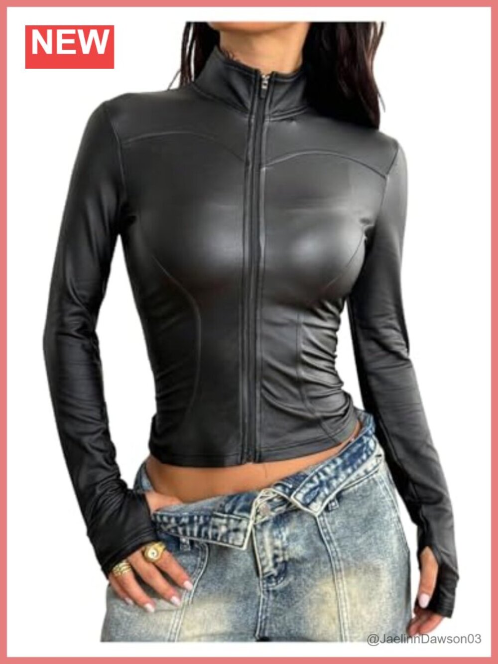 Faux Leather Cropped Moto Jacket Y2K Zip Front Slim Fit